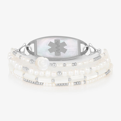 Limited Edition Abby Multi-Strand Beaded Medical ID Bracelet in Pearl and Silver with four handcrafted strands, paired with a custom Lauren’s Hope medical ID tag