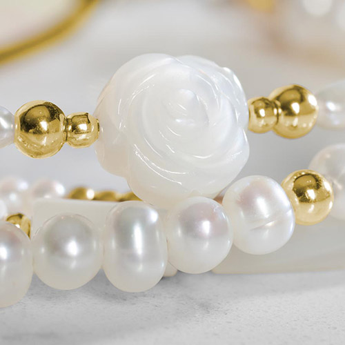 Elegant Limited Edition Abby Multi-Strand Medical Alert Bracelet, featuring pearls, gold accents, and a rosette bead, ideal for pairing with medical ID tags
