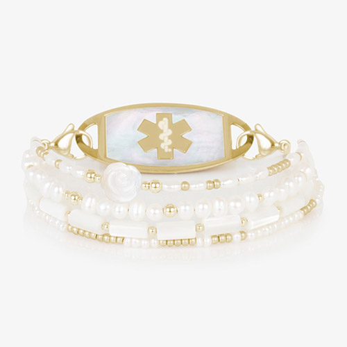 Limited Edition Abby Multi-Strand Beaded Medical ID Bracelet in Pearl and Gold, featuring four handcrafted strands and a Lauren’s Hope medical ID tag