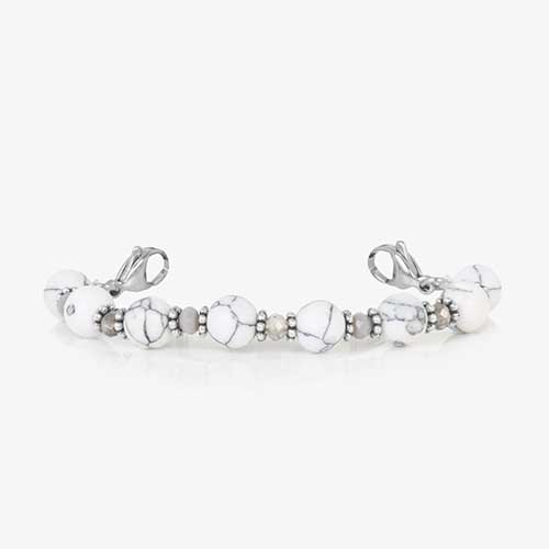 White marbled beaded stretch medical ID bracelet finished with stainless steel lobster clasps at each end.