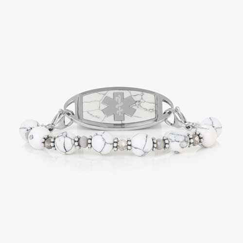 White marbled beaded stretch medical ID bracelet paired with stainless steel medical ID tag with howlite inlay and silver tone medical caduceus symbol.*