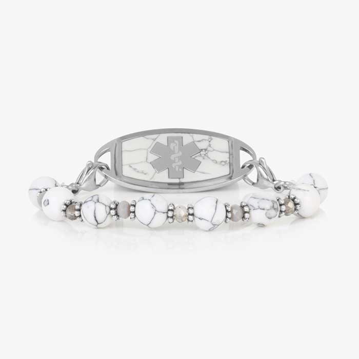 White marbled beaded stretch medical ID bracelet paired with stainless steel medical ID tag with howlite inlay and silver tone medical caduceus symbol.*