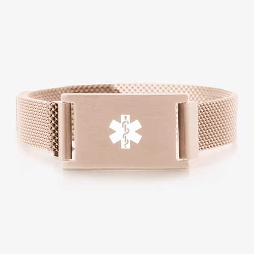 Front of the Urban Medical Alert in Rose Tone  with rose mesh chain, magnetic closure, and affixed ID tag with white caduceus