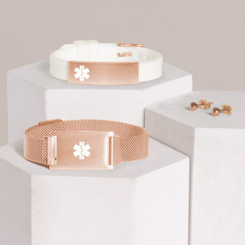 White and rose gold silicone activewear runner's medical ID with rose gold medical alert bracelet with mesh strap