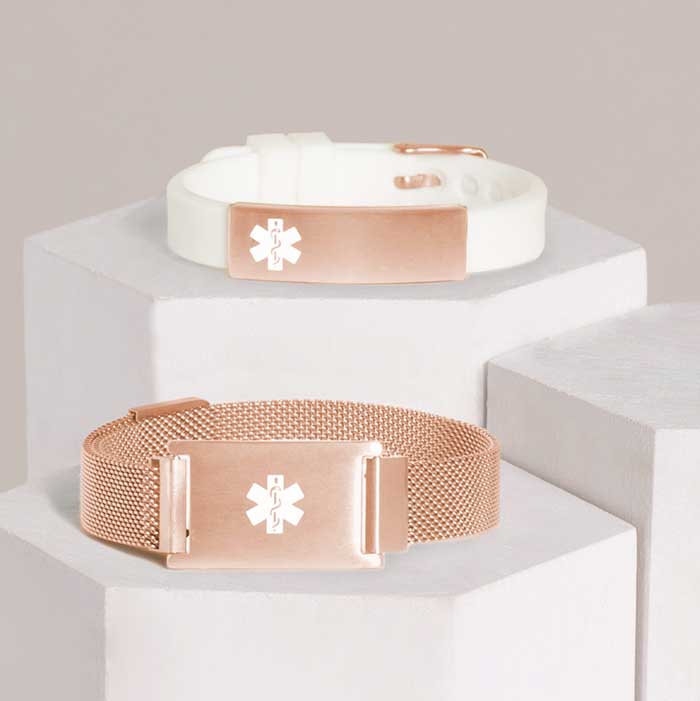 White and rose gold silicone activewear runner's medical ID with rose gold medical alert bracelet with mesh strap