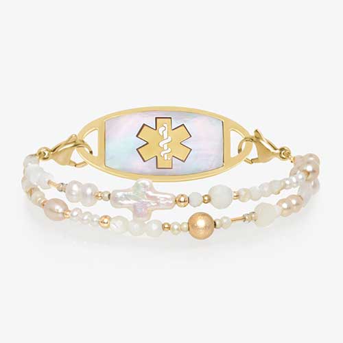 Freshwater pearl and gold tone multi-strand beaded med ID bracelet with decorative cross gold tone stainless steel med alert tag.