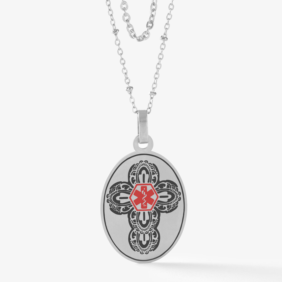 Oval Cross Layered Medic Alert Necklace in Silver