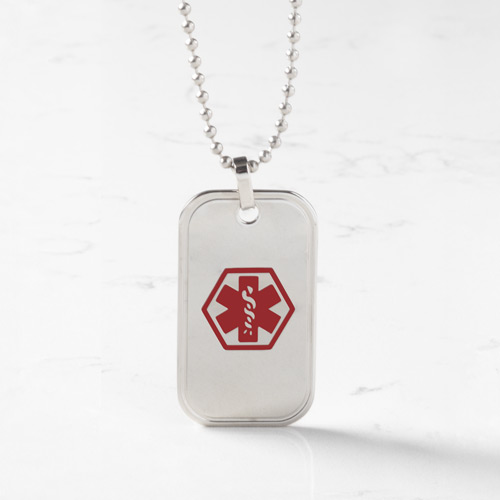 Silver tone stainless steel medical alert dog tag with red medical symbol, beveled edges, and rounded corners