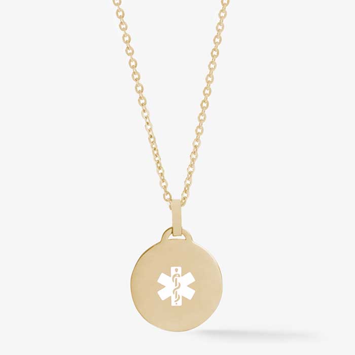 Gold circle pendant medallion necklace with white medical caduceus symbol