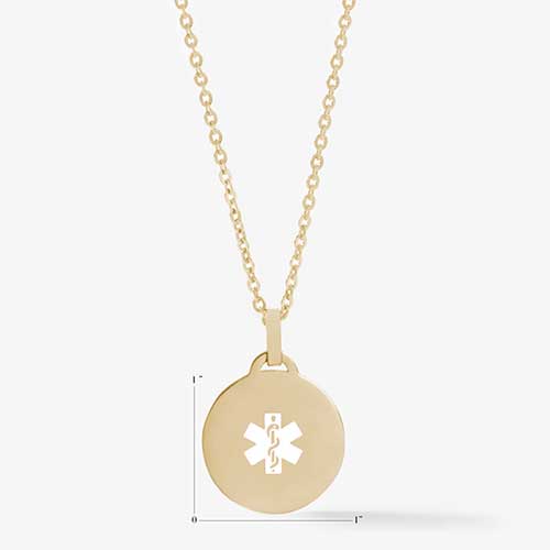Measurement illustration of gold pendant medical ID medallion necklace