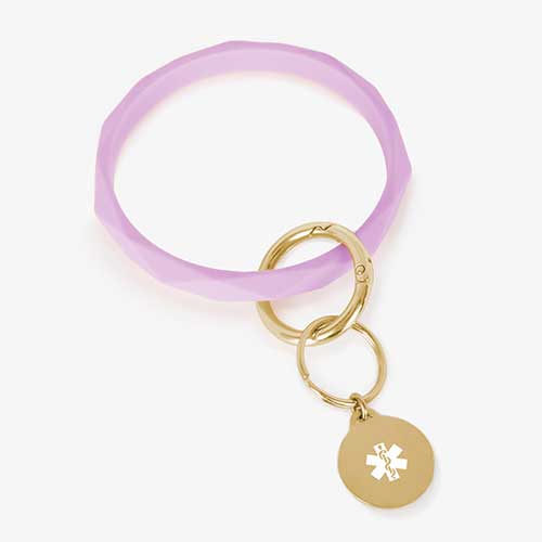 Lilac faceted silicone medical ID key ring wristlet with gold tone stainless steel medical alert charm.