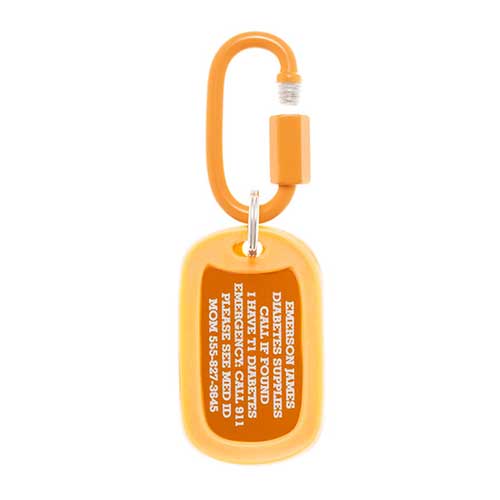 Carrot aluminum bag tag with engraving example and coordinating silicone silencer on matching carabiner clip.