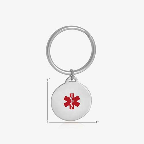 Key ID - silver tone circular charm with red medical caduceus symbol and Silver keychain ring, showing charm measurements of one inch by one inch.