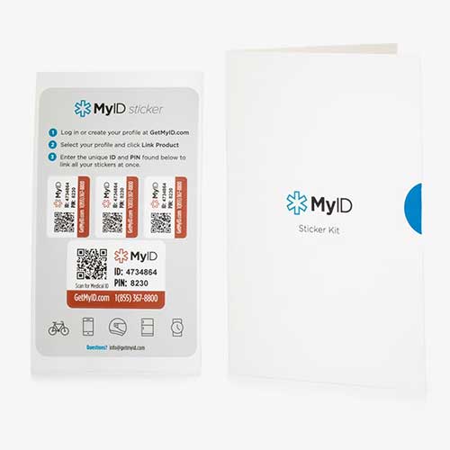 MyID vinyl sticker set shown with instructions and packaging..