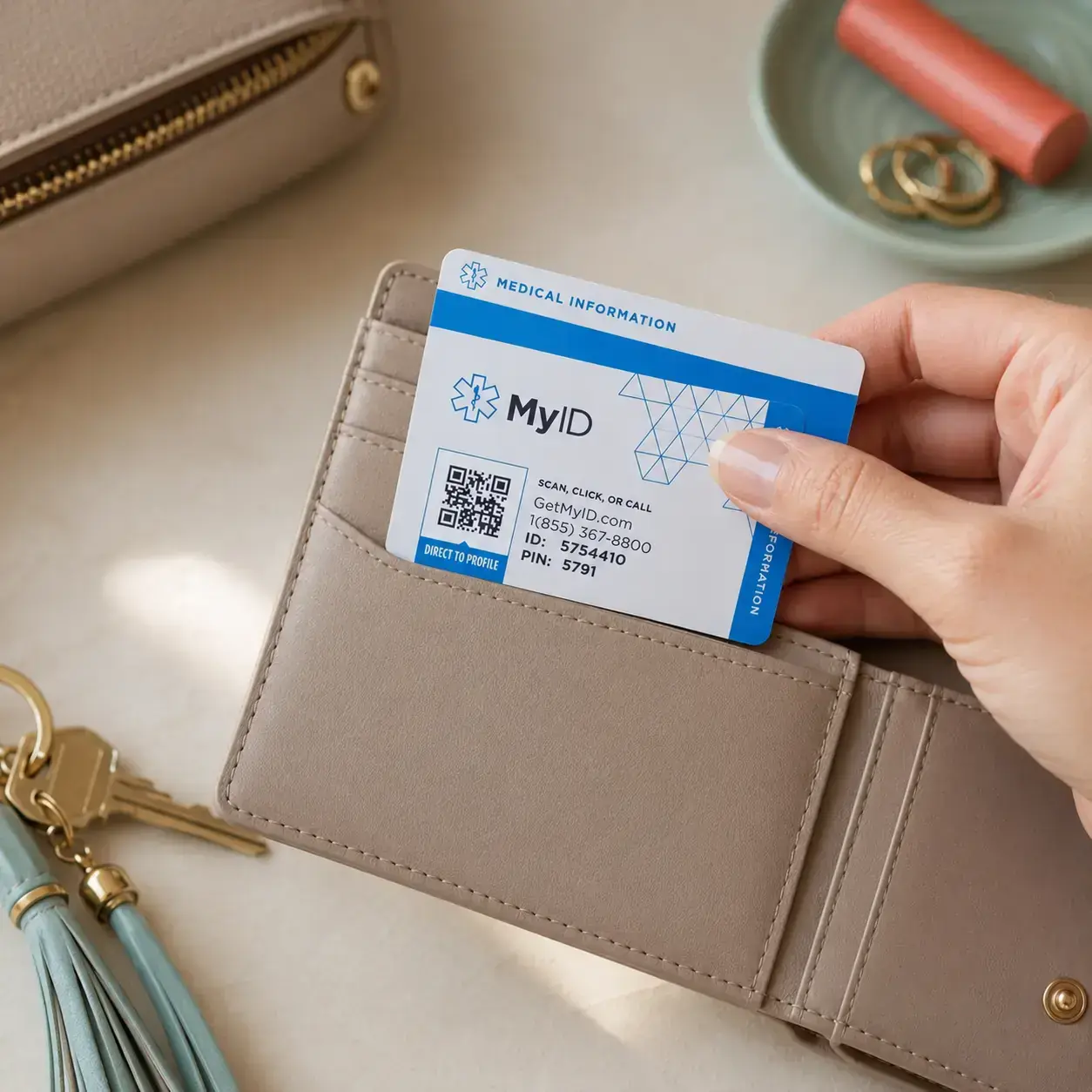 MyID medical wallet card being placed in a wallet